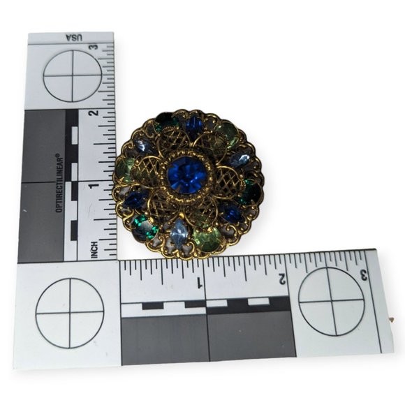 Vintage 1940s Antique Gold Tone Domed Pin with Blue & Green Gems - Picture 2 of 9